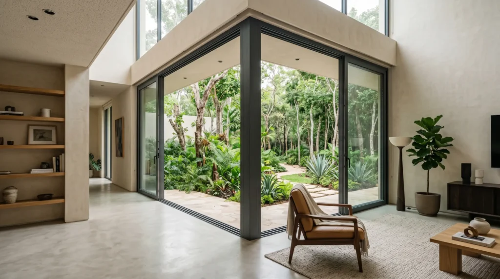 Ventanales de gran formato en PVC premium instalados por Habitare Integral, integrando diseño arquitectónico minimalista con eficiencia térmica y acústica en interiores de lujo.