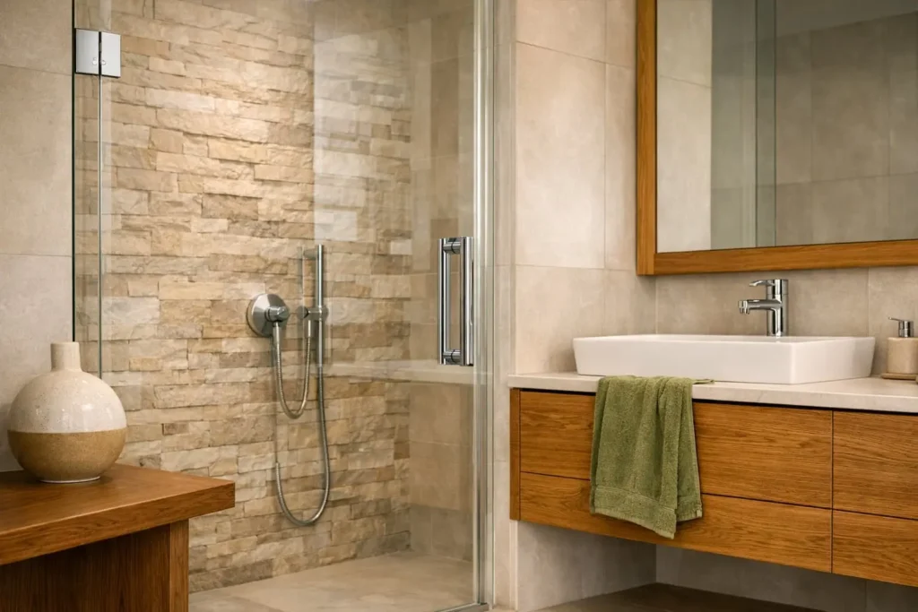 Cancel de baño en vidrio templado con herrajes de alta resistencia y diseño minimalista en CDMX y Área Metropolitana por Habitare Integral.