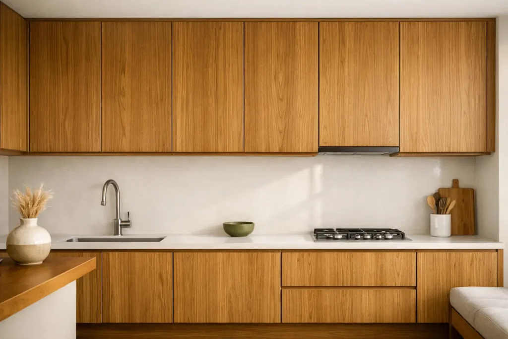 Cocina de autor moderna con gabinetes de MDF tipo Tzalam, cubiertas de cuarzo blanco y diseño minimalista en CDMX y Área Metropolitana por Habitare Integral.