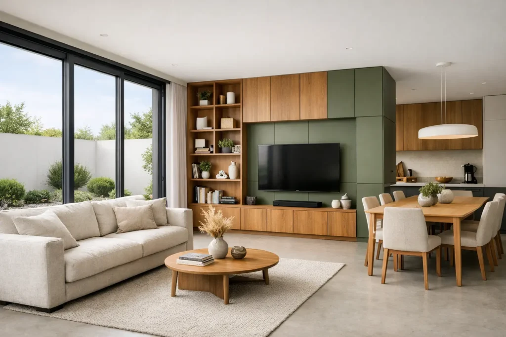 Vista panorámica de diseño interior integral con cancelería negra corrediza, comedor moderno, y cocina de MDF en color roble con acentos verde olivo en CDMX y Área Metropolitana por Habitare Integral.