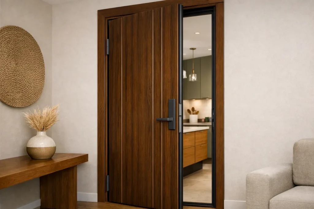 Puerta de panel de PVC machimbrado foliado tipo nogal para exterior o interior en CDMX y Área Metropolitana por Habitare Integral.