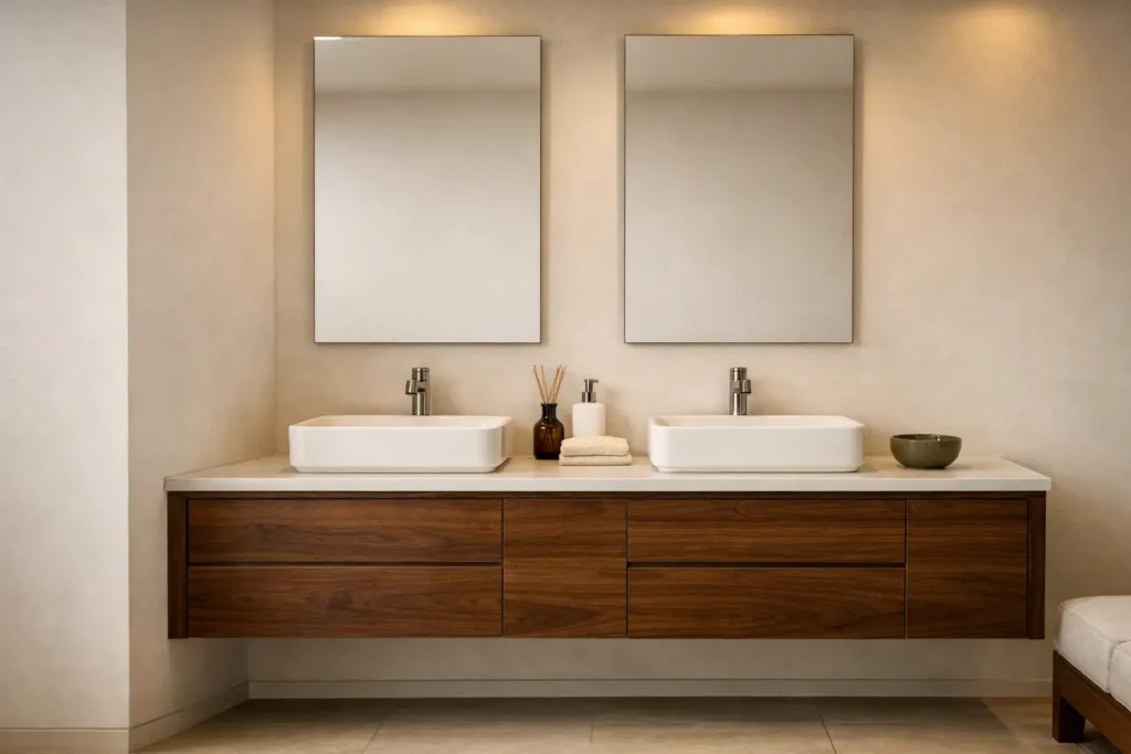 Mueble de baño flotado (vanity) en MDF tipo Nogal Africano con lavabos de cerámica y diseño contemporáneo en CDMX por Habitare Integral.