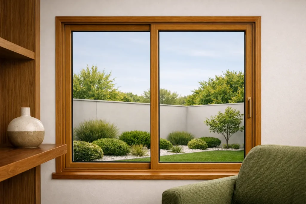 Ventana de PVC corrediza con acabado vinil madera tipo Golden, ideal para aislamiento térmico y acústico en CDMX y Área Metropolitana por Habitare Integral.