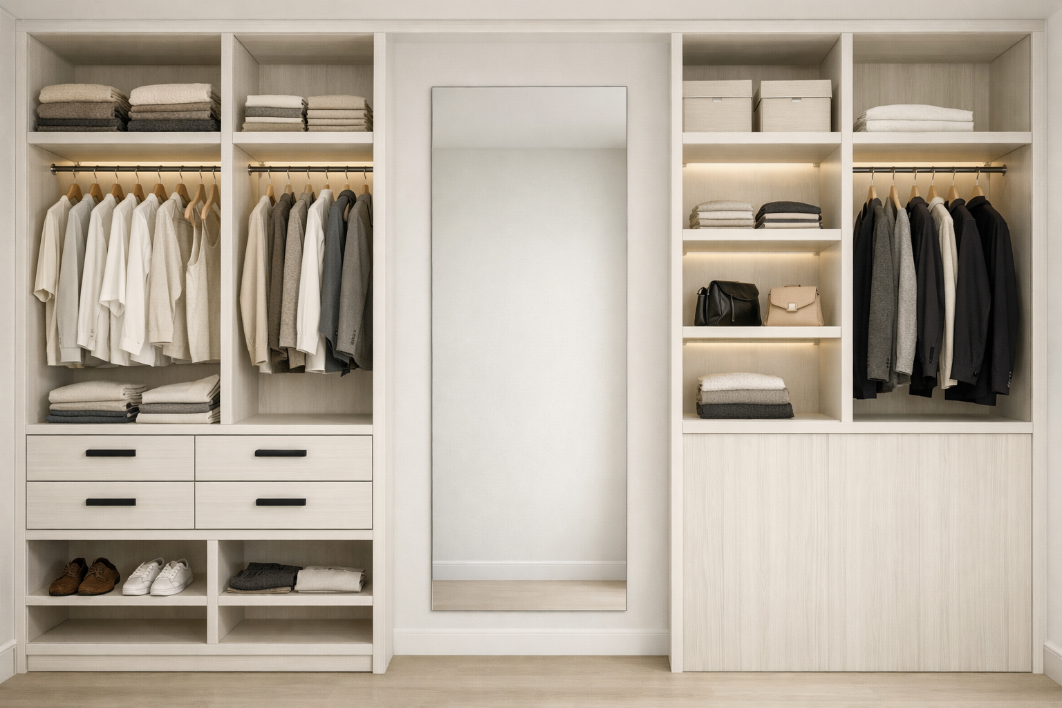 Vestidor de lujo o walk-in closet en MDF Antártica con iluminación integrada y herrajes negro mate en CDMX y Área Metropolitana por Habitare Integral.