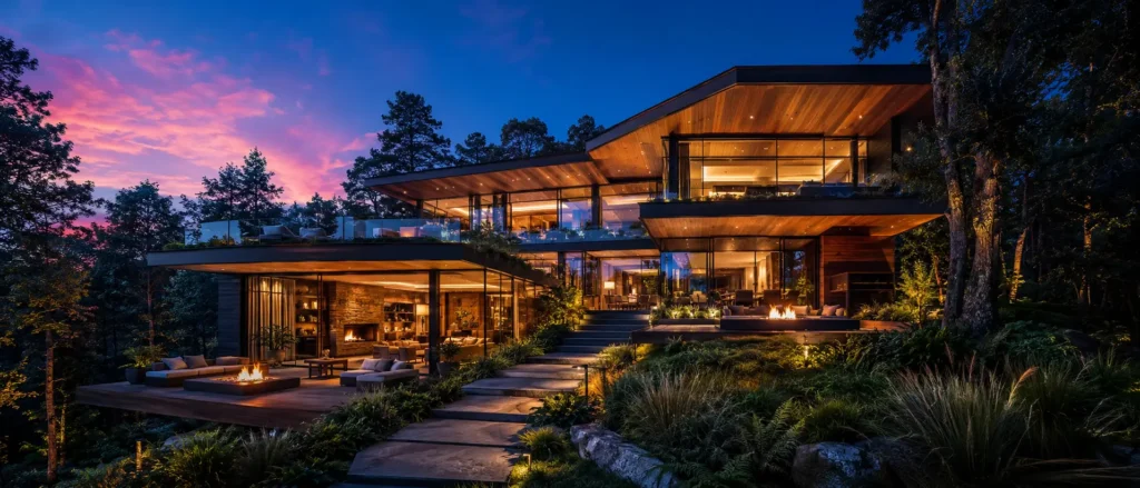 Imagen hero de una moderna casa de lujo con grandes ventanales y carpintería de autor integrada en la naturaleza, ubicada en Benito Juárez, CDMX, para la web de Habitare Integral.