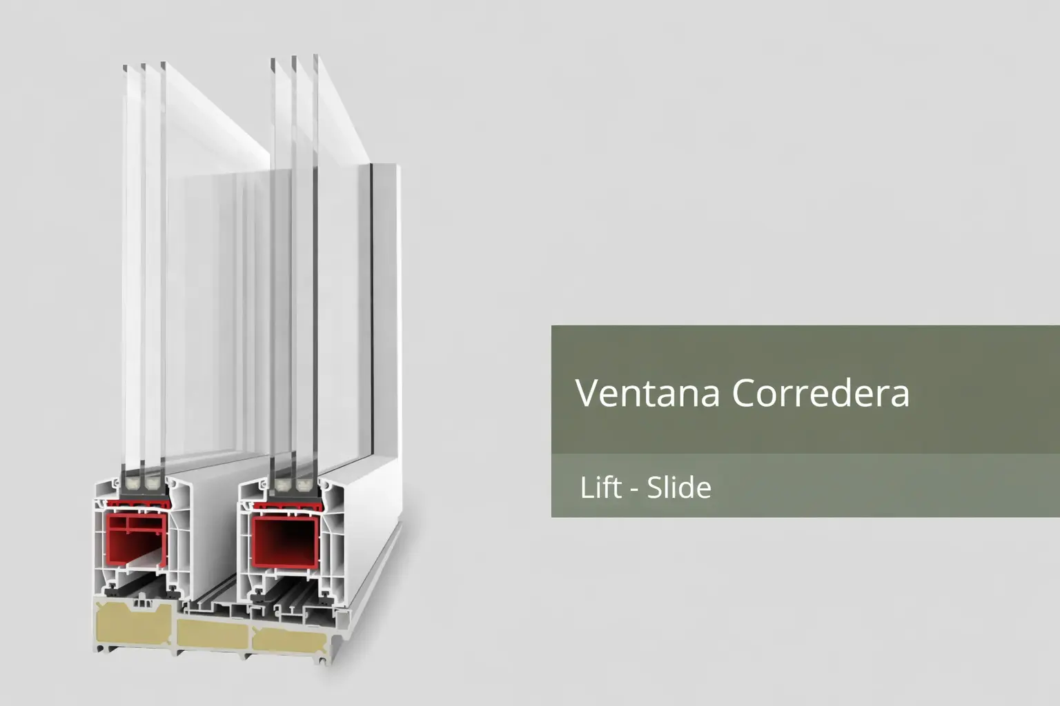 Corte transversal de sistema elevable Lift-Slide de PVC, tecnología de deslizamiento suave y cierre hermético reforzado para ventanales de gran formato y lujo.
