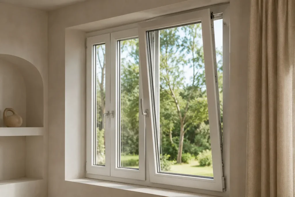 Ventana de PVC blanco con sistema oscilobatiente instalada en muro color hueso, mostrando apertura superior para ventilación segura y vista a jardín verde, por Habitare Integral.