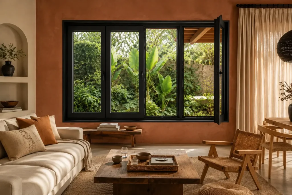 Texto Alternativo: Ventana abatible de PVC color negro mate instalada en sala de diseño moderno con paredes de terracota y vista a jardín exterior.