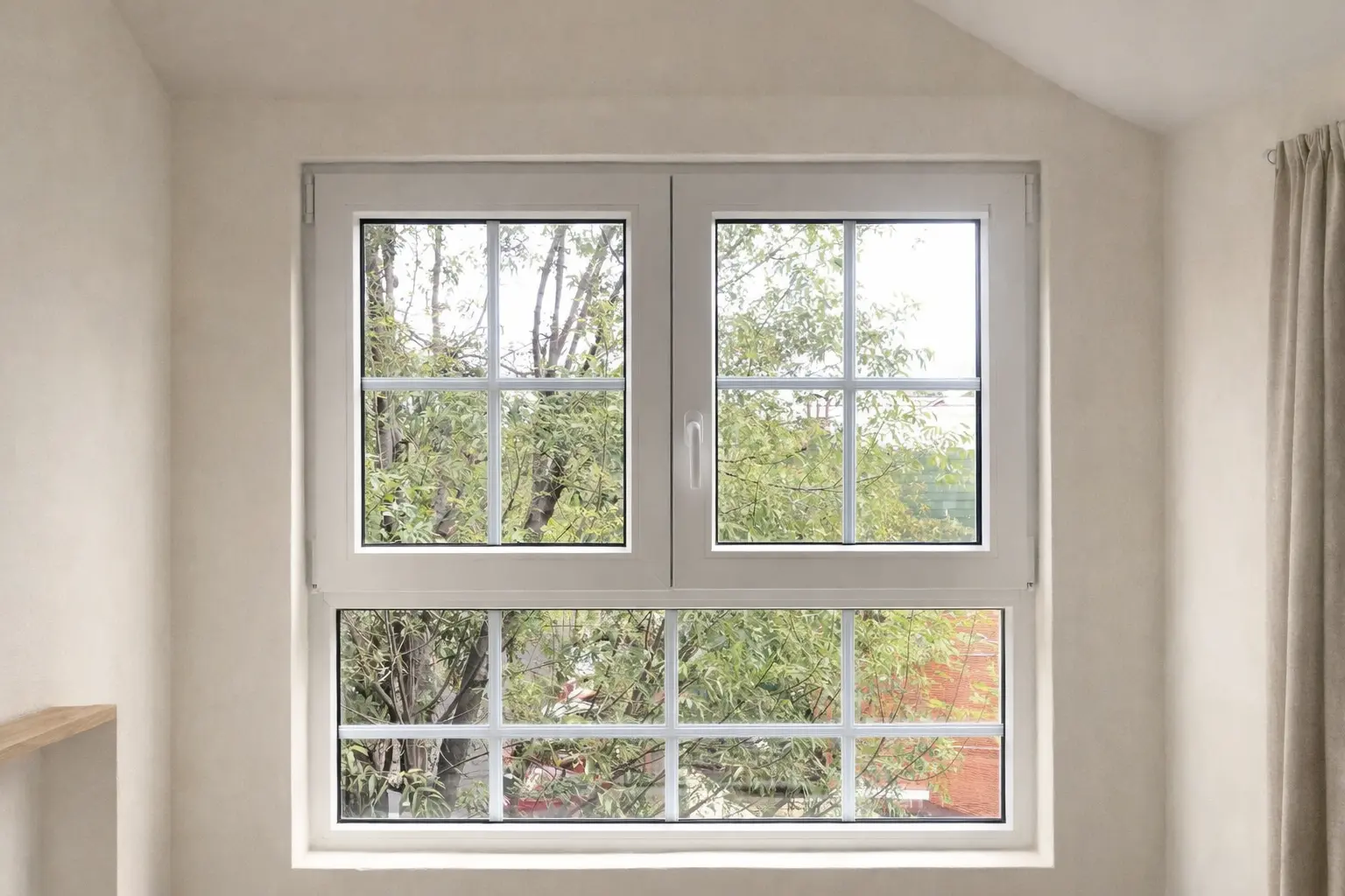 Texto Alternativo: Ventana abatible de PVC color negro mate instalada en sala de diseño moderno con paredes de terracota y vista a jardín exterior.