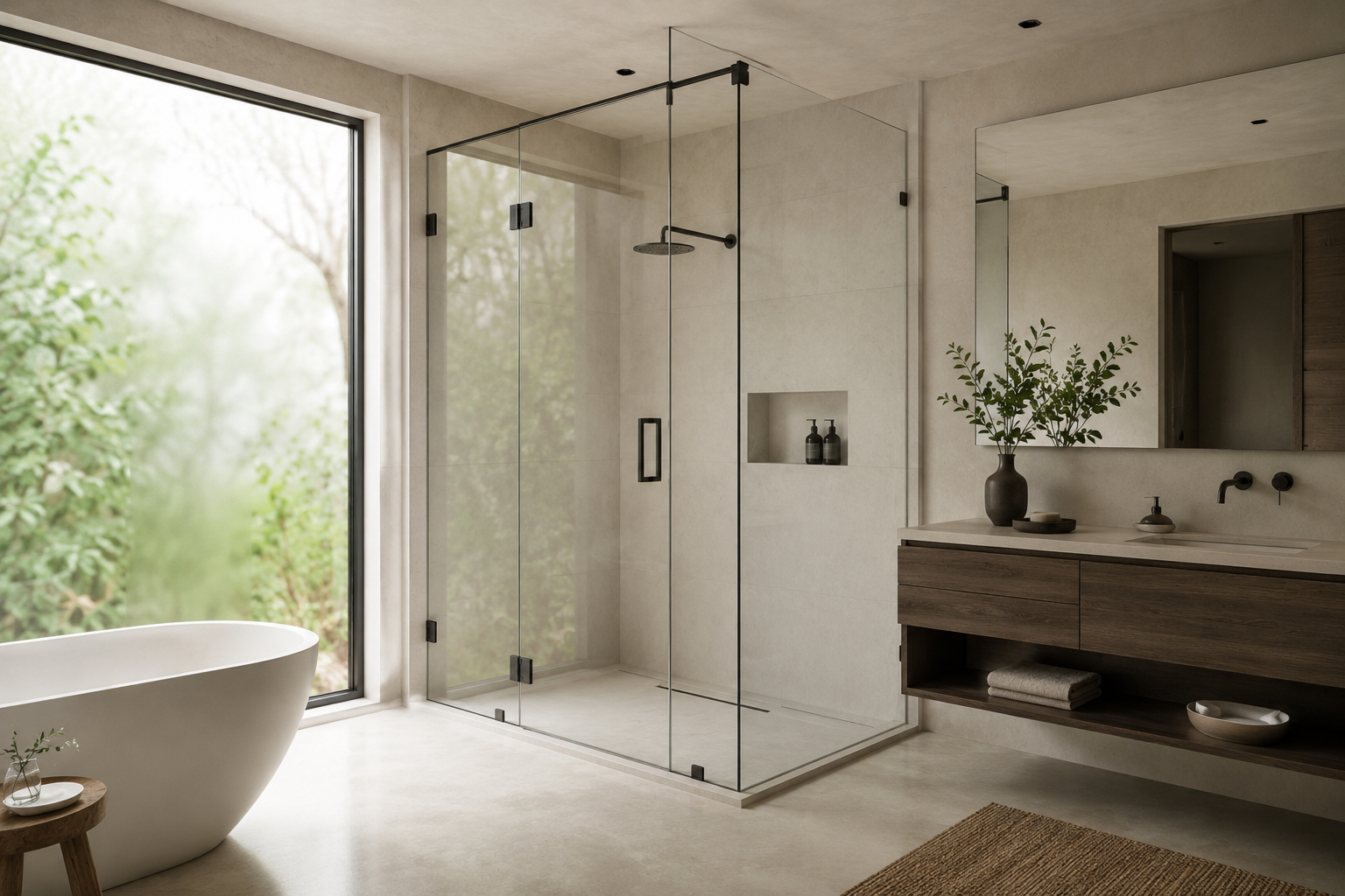 Cancel de baño de diseño minimalista con vidrio templado transparente de seguridad y herrajes negros mate instalados en un baño de lujo Japandi con colores neutros, gestionado por Habitare Integral