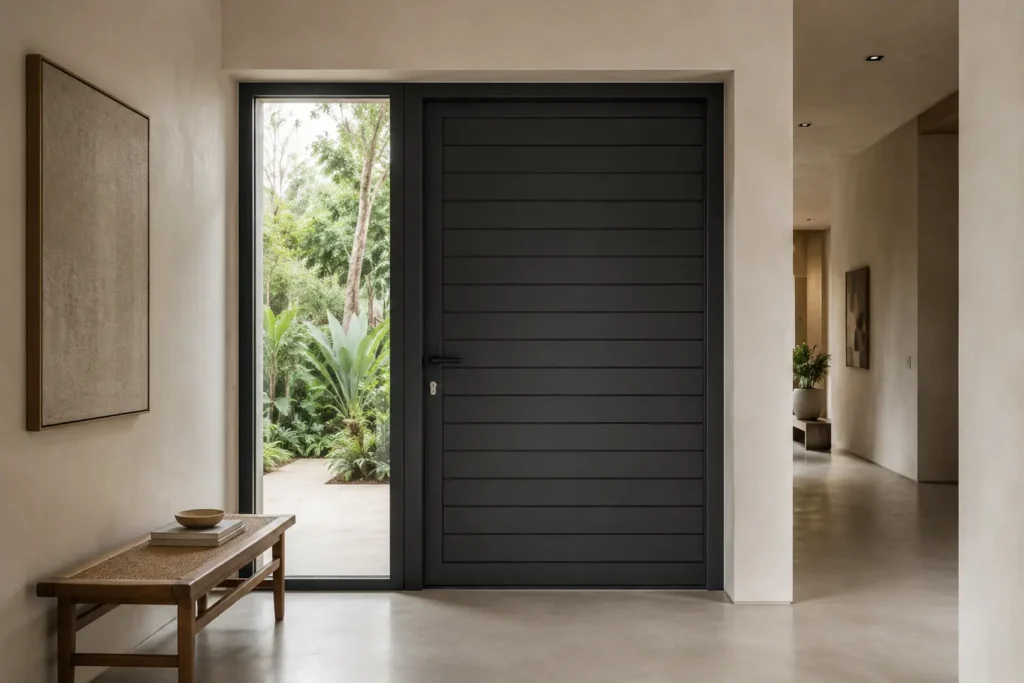 Puerta de entrada principal de PVC con diseño de tablones horizontales de seguridad en acabado carbón, instalada en un espacio arquitectónico de diseño Japandi con colores neutros, gestionado por Habitare Integral"