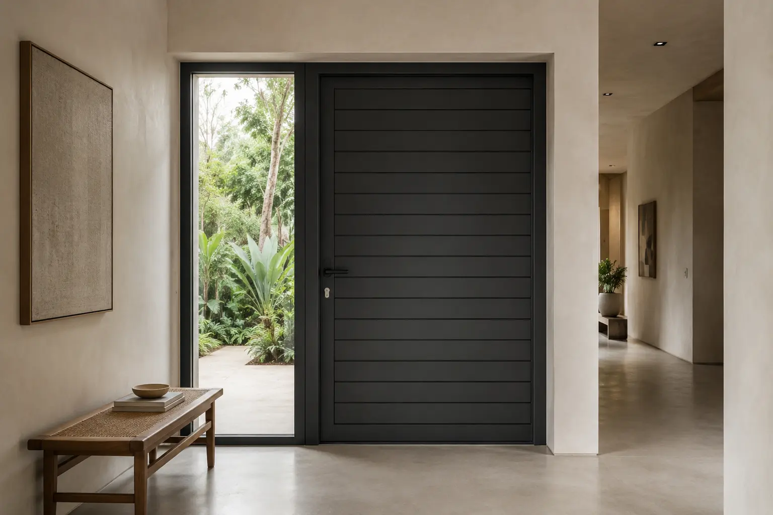 Puerta de entrada principal de PVC con diseño de tablones horizontales de seguridad en acabado carbón, instalada en un espacio arquitectónico de diseño Japandi con colores neutros, gestionado por Habitare Integral"