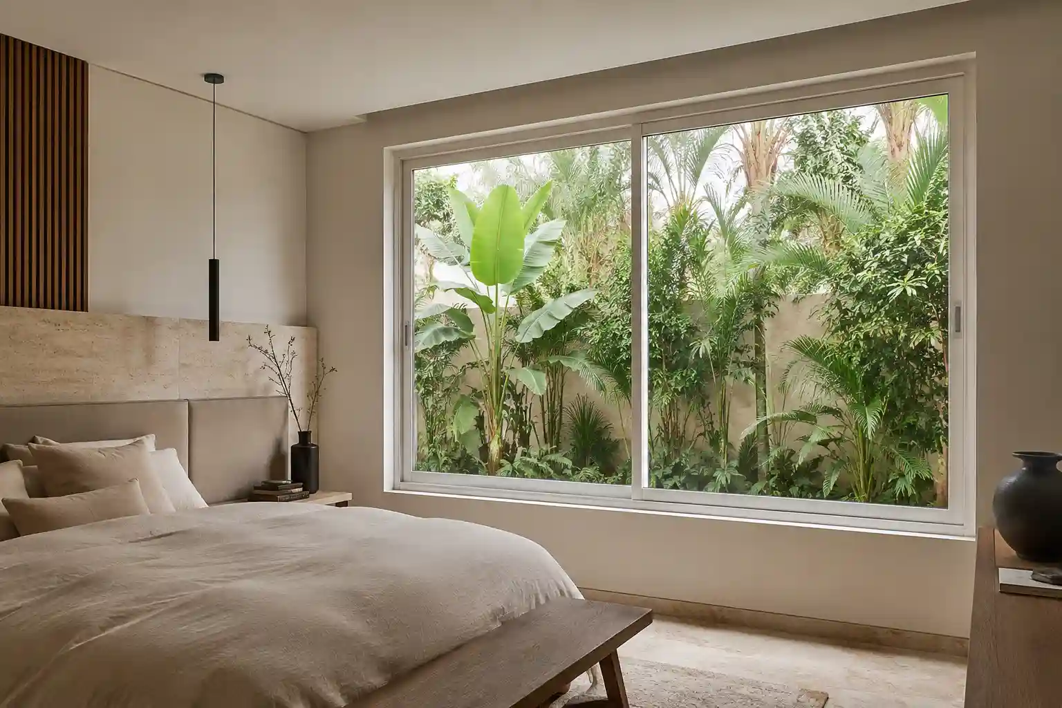 Ventana corrediza de PVC en acabado blanco brillante para recámara - Habitare Integral