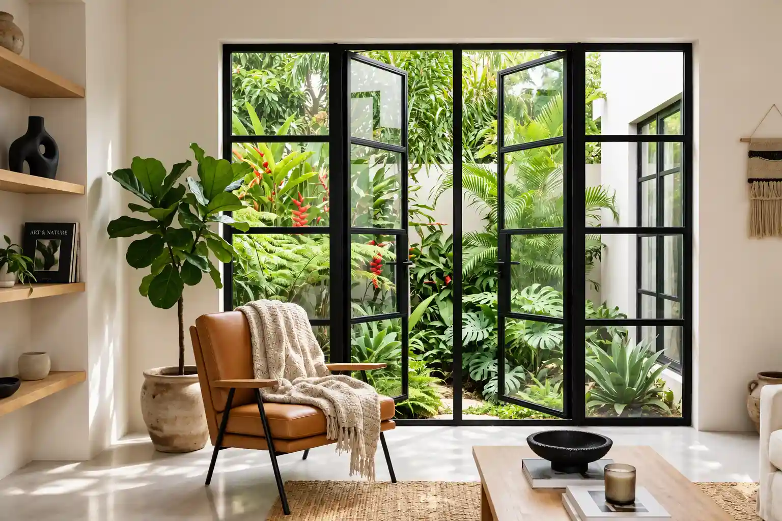 Sala de estar de lujo con diseño minimalista orgánico que destaca un ventanal tipo Crittall Habitare Integral